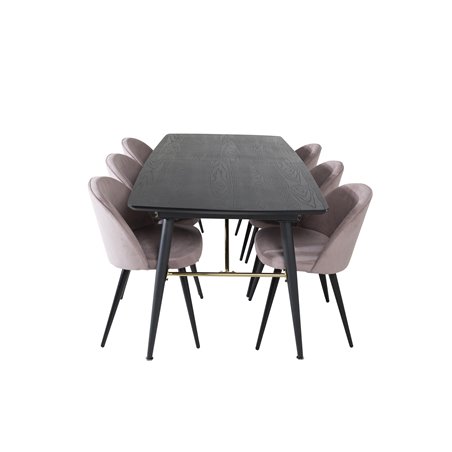 Gold Extention table - 180/220*85*H76 Black Veneer - Black legs - Brass details, Velvet Dining Chair Corduroy - Pink / Black_6