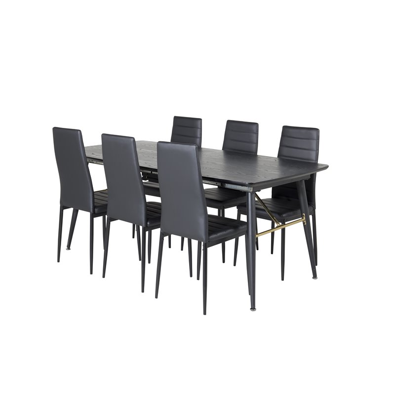 Gold Extention table - 180/220*85*H76 Black Veneer - Black legs - Brass details, Slim High Back Dining Chair - Black Legs - Blac