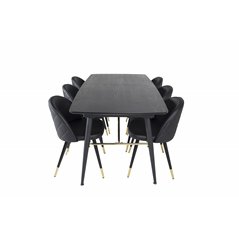 Gold Extention table - 180/220*85*H76 Black Veneer - Black legs - Brass details, Velvet Dining Chair w. Stiches - PU - Black / B