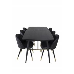 Gold Extention table - 180/220*85*H76 Black Veneer - Black legs - Brass details, Velvet Dining Chair w. Stiches - PU - Black / B