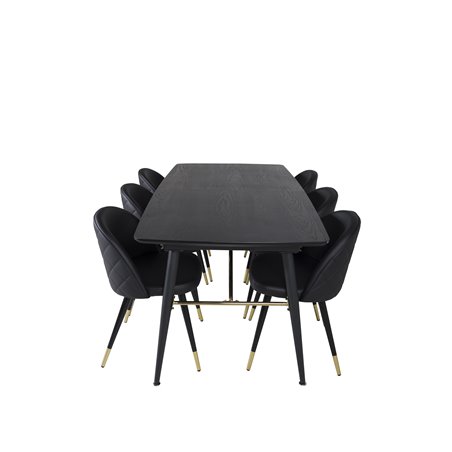 Gold Extention table - 180/220*85*H76 Black Veneer - Black legs - Brass details, Velvet Dining Chair w. Stiches - PU - Black / B