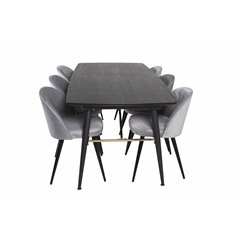 Gold Extention table - 180/220*85*H76 Black Veneer - Black legs - Brass details, Velvet Dining Chair - Light Grey / Black_6