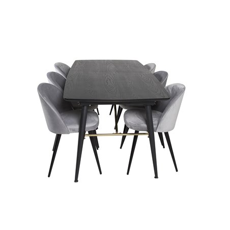 Gold Extention table - 180/220*85*H76 Black Veneer - Black legs - Brass details, Velvet Dining Chair - Light Grey / Black_6