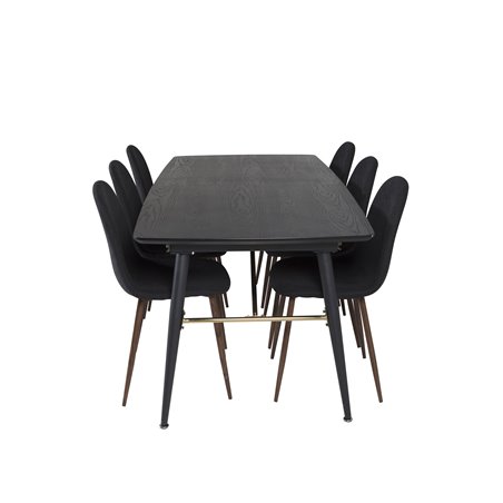 Gold Extention table - 180/220*85*H76 Black Veneer - Black legs - Brass details, Polar Dining Chair - Walnut Legs - Black Fabric