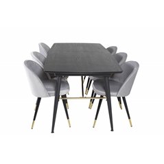 Gold Extention table - 180/220*85*H76 Black Veneer - Black legs - Brass details, Velvet Dining Chair Brass - Light Grey / Black_