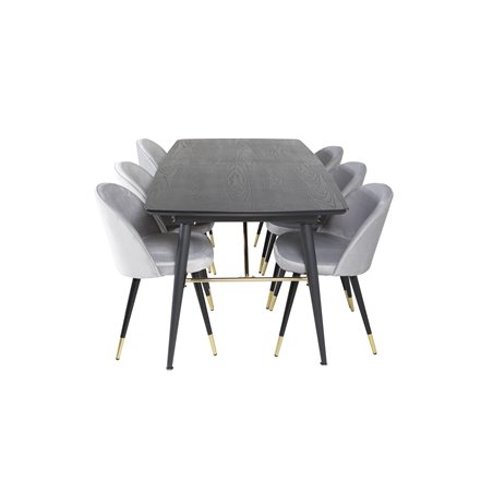 Gold Extention table - 180/220*85*H76 Black Veneer - Black legs - Brass details, Velvet Dining Chair Brass - Light Grey / Black_