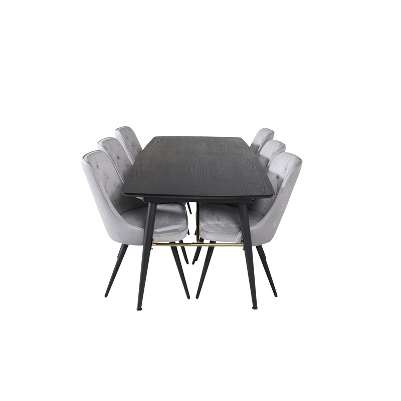 Gold Extention table - 180/220*85*H76 Black Veneer - Black legs - Brass details, Velvet Deluxe Dining Chair - Light Grey / Black