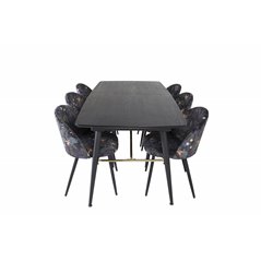 Gold Extention table - 180/220*85*H76 Black Veneer - Black legs - Brass details, Velvet Dining Chair - Black Flower fabric_6