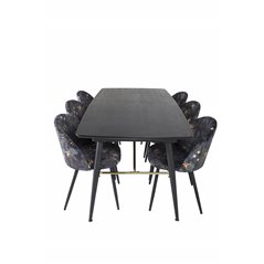 Gold Extention table - 180/220*85*H76 Black Veneer - Black legs - Brass details, Velvet Dining Chair - Black Flower fabric_6