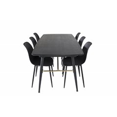 Gold Extention table - 180/220*85*H76 Black Veneer - Black legs - Brass details, Polar Plastic Dining Chair - Black Legs / Black