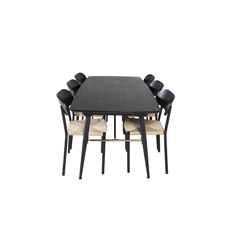 Gold Extention table - 180/220*85*H76 Black Veneer - Black legs - Brass details, Polly Dining Chair - Nature / Black_6