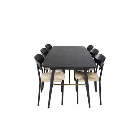 Gold Extention table - 180/220*85*H76 Black Veneer - Black legs - Brass details, Polly Dining Chair - Nature / Black_6