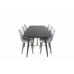 Gold Extention table - 180/220*85*H76 Black Veneer - Black legs - Brass details, Polar Diamond Dining Chair - Black Legs - Grey 