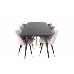 Gold Extention table - 180/220*85*H76 Black Veneer - Black legs - Brass details, Velvet Dining Chair Brass - Pink / Black_6