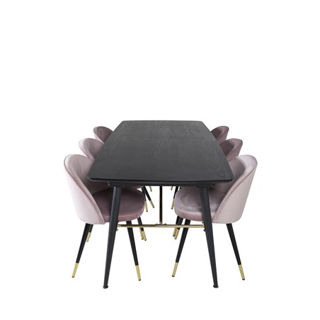 Gold Extention table - 180/220*85*H76 Black Veneer - Black legs - Brass details, Velvet Dining Chair Brass - Pink / Black_6