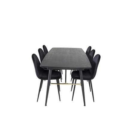 Gold Extention table - 180/220*85*H76 Black Veneer - Black legs - Brass details, Polar Dining Chair - Black legs / Black Velvet 