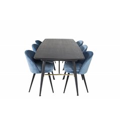 Gold Extention table - 180/220*85*H76 Black Veneer - Black legs - Brass details, Velvet Dining Chair - Blue / Black_6