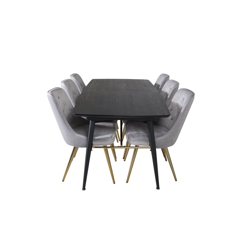 Gold Extention table - 180/220*85*H76 Black Veneer - Black legs - Brass details, Velvet Deluxe Dining Chair - Light Grey / Brass