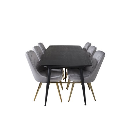 Gold Extention table - 180/220*85*H76 Black Veneer - Black legs - Brass details, Velvet Deluxe Dining Chair - Light Grey / Brass