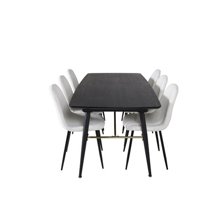 Gold Extention table - 180/220*85*H76 Black Veneer - Black legs - Brass details, Polar Fluff Dining Chair - Black Legs - White T