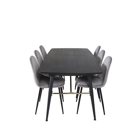 Gold Extention table - 180/220*85*H76 Black Veneer - Black legs - Brass details, Polar Dining Chair - Black legs / Light Grey Ve