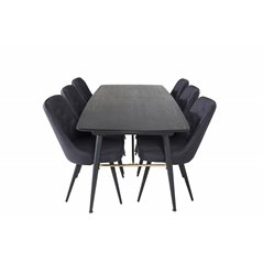 Gold Extention table - 180/220*85*H76 Black Veneer - Black legs - Brass details, Velvet Deluxe Dining Chair - Black Legs - Black