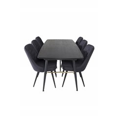 Gold Extention table - 180/220*85*H76 Black Veneer - Black legs - Brass details, Velvet Deluxe Dining Chair - Black Legs - Black