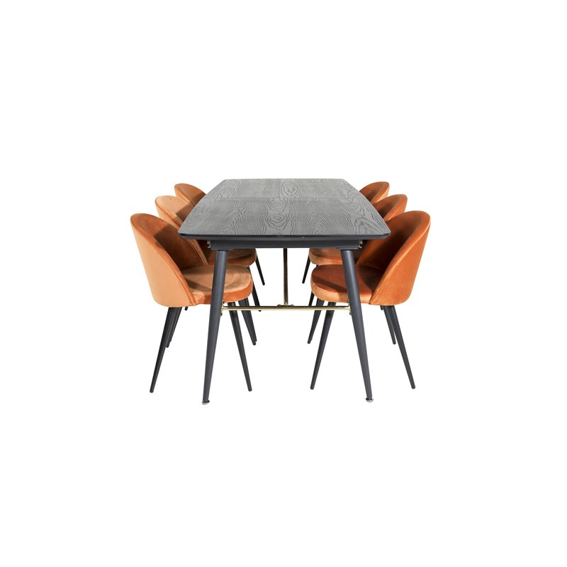 Gold Extention table - 180/220*85*H76 Black Veneer - Black legs - Brass details, Velvet Dining Chair - Orange / Black_6