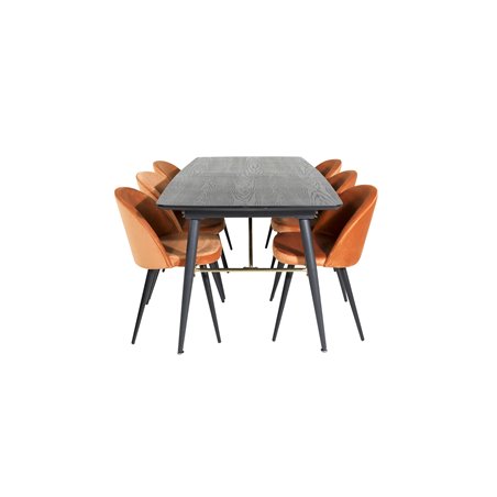 Gold Extention table - 180/220*85*H76 Black Veneer - Black legs - Brass details, Velvet Dining Chair - Orange / Black_6