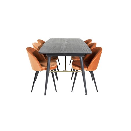 Gold Extention table - 180/220*85*H76 Black Veneer - Black legs - Brass details, Velvet Dining Chair - Orange / Black_6