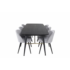 Gold Extention table - 180/220*85*H76 Black Veneer - Black legs - Brass details, Velvet Dining Chair Corduroy - Light Grey / Bla