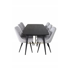 Gold Extention table - 180/220*85*H76 Black Veneer - Black legs - Brass details, Velvet Deluxe Dining Chair - Black Legs - Light