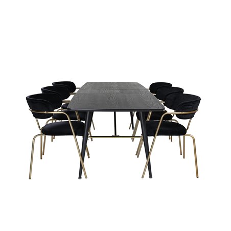 Gold Extention table - 180/220*85*H76 Black Veneer - Black legs - Brass details, Arrow armchair - Brass Legs - Black Velvet_6