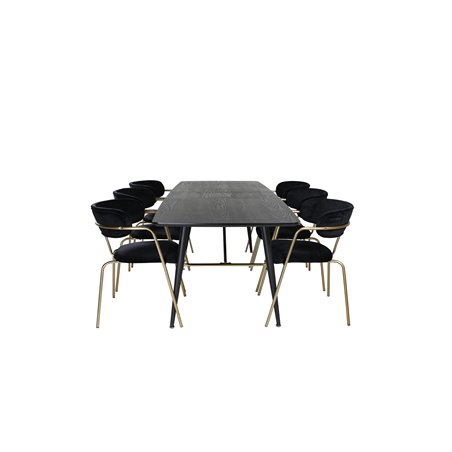 Gold Extention table - 180/220*85*H76 Black Veneer - Black legs - Brass details, Arrow armchair - Brass Legs - Black Velvet_6