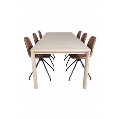 Slider Extention Table - White Wash - 170, 40, 40cm , Polar Dining Chair with Spin function - black Legs - Brown PU - White Stit