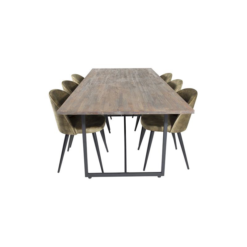 Padang Dining Table - 250*100*H76 - Dark Teak / Black, Velvet Dining Chiar - Black legs -  Dusty Green Velvet_6