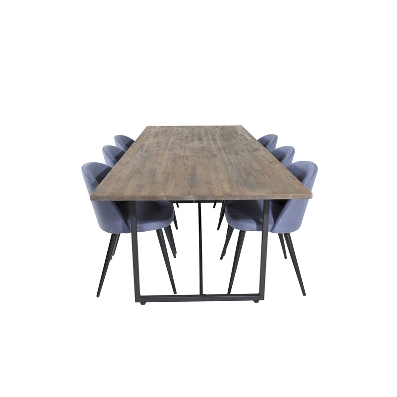 Padang Dining Table - 250*100*H76 - Dark Teak / Black, Velvet Dining Chiar - Black legs - Blue Fabric_6