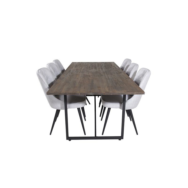 Padang Dining Table - 250*100*H76 - Dark Teak / Black, Velvet Deluxe Dining Chair - Black Legs - Light Grey Fabric_6