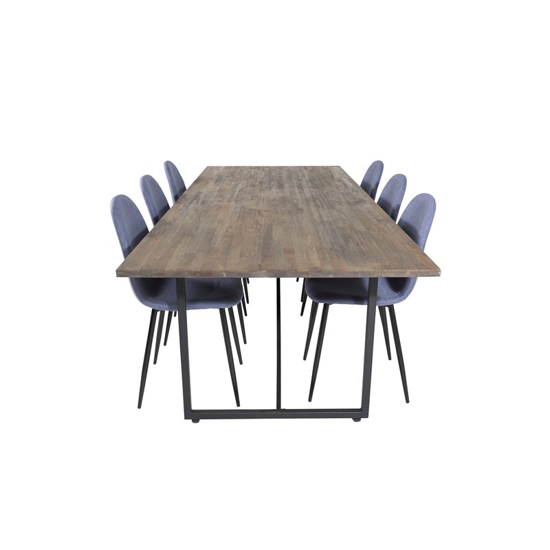 Padang Spisebord - 250 * 100 * H76 - Mørk Teak / Sort, Polar Spisestuestol - Sorte Ben - Blue Stof_6