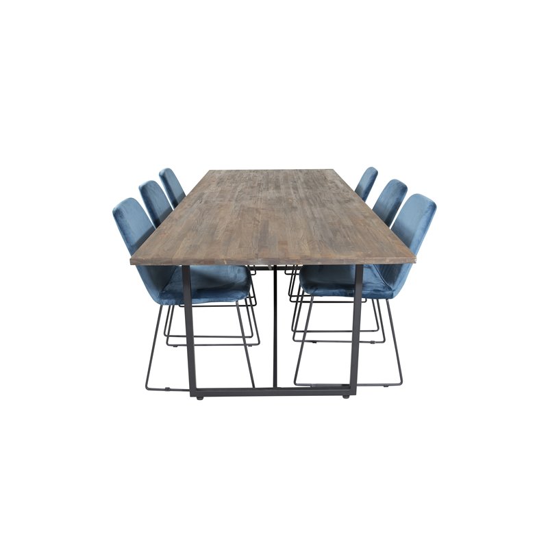 Padang Dining Table - 250*100*H76 - Dark Teak / Black, Muce  Dining Chair - Black Legs - Blue  Velvet_6