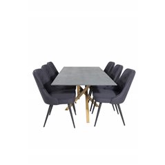 Piazza Dining Table - 180*90*75 - Spraystone / Oak, Velvet Deluxe Dining Chair - Black Legs - Black Fabric_6