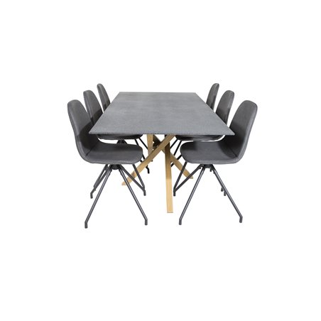 Piazza Dining Table - 180*90*75 - Spraystone / Oak, Polar Dining Chair with Spin function - black Legs - Black PU - Black Stitch