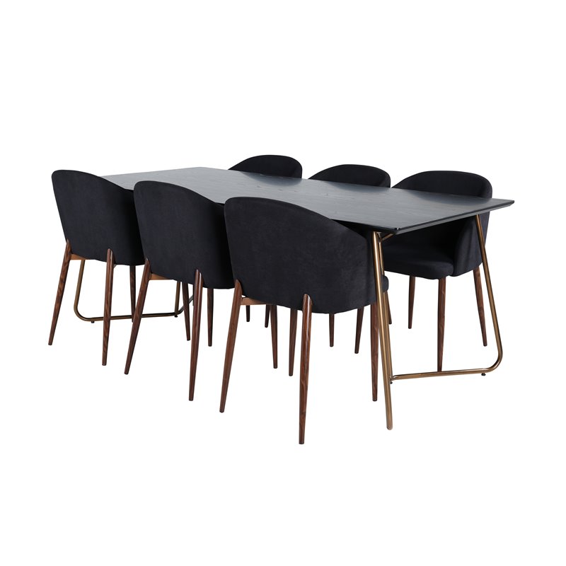 Pippi Dining Table , Distressed Copper Black Veneer+Arch Dining Chair , Walnut Legs , Black Fabric_6