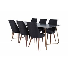 Pippi Dining Table , Distressed Copper Black Veneer+Leone Dining Chair , Walnut legs , Black Fabric_6