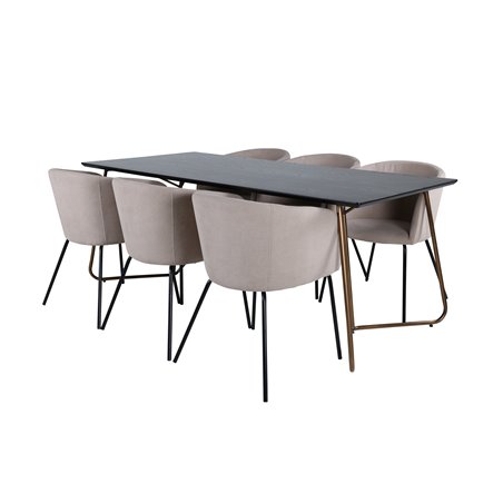 Pippi Dining Table , Distressed Copper Black Veneer+Berit Chair , Black Beige Fabric (Polyester linen )_6