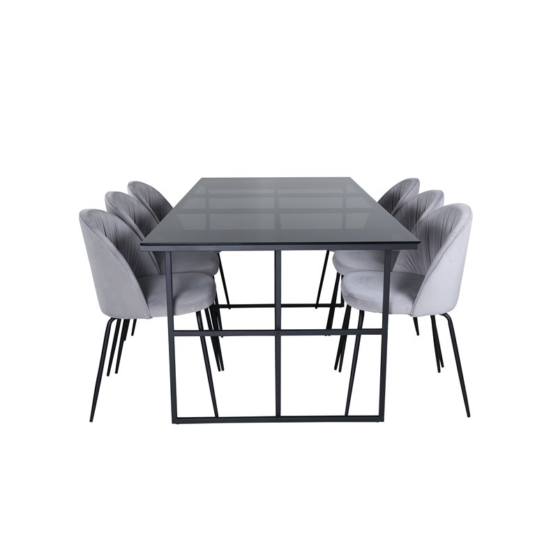 Leif Dining Table , Black Black smoked smoked Glass+Wrinkles Dining Chair , Black Legs , Grey Velvet_6