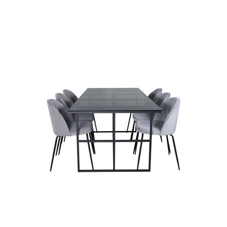 Leif Dining Table , Black Black smoked smoked Glass+Wrinkles Dining Chair , Black Legs , Grey Velvet_6