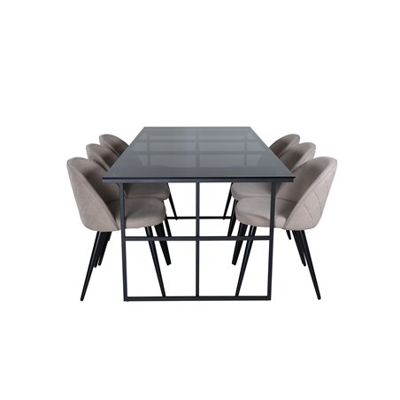 Leif Dining Table , Black Black smoked smoked Glass+Velvet Stitches Chair , Black Beige Fabric (Polyester linen )_6