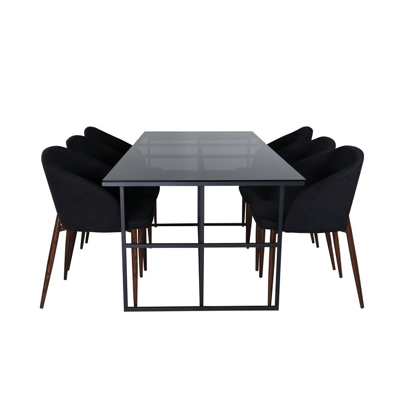 Leif Dining Table , Black Black smoked smoked Glass+Arch Dining Chair , Walnut Legs , Black Fabric_6