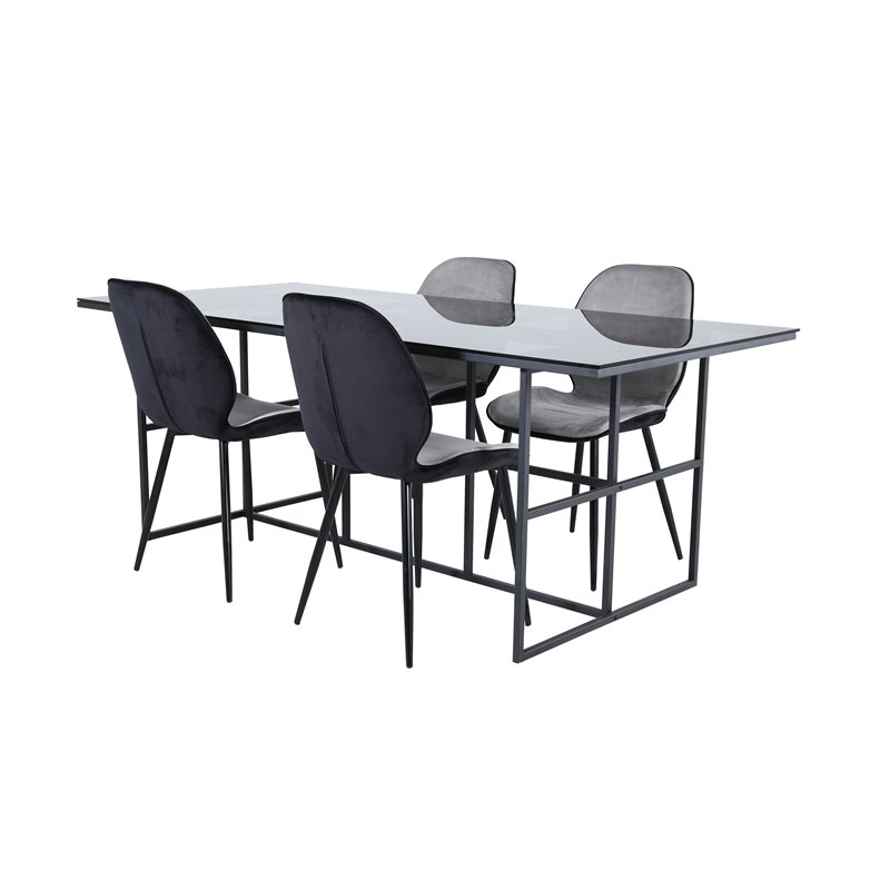 Leif Spisebord - Sort / Sort røget røget glas + Emma Stol - Sort / Sort og Lysegrå Sort Fløjl i Ryg Grå Fløjl